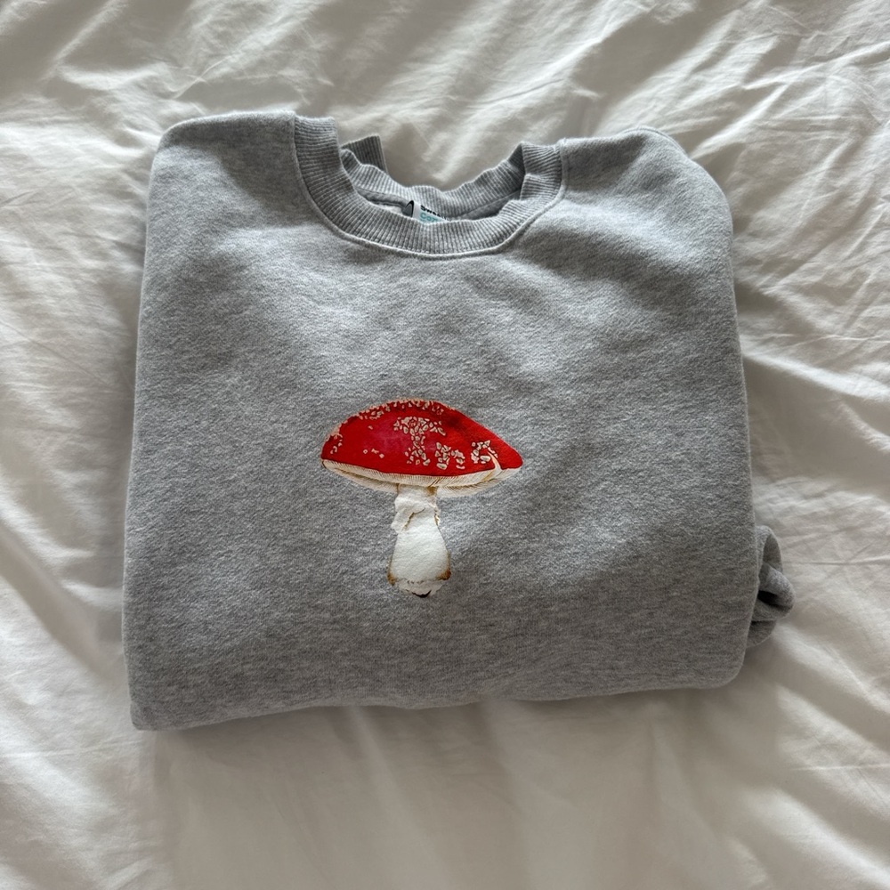 Aritzia Gray Sweater with Red Mushroom Design